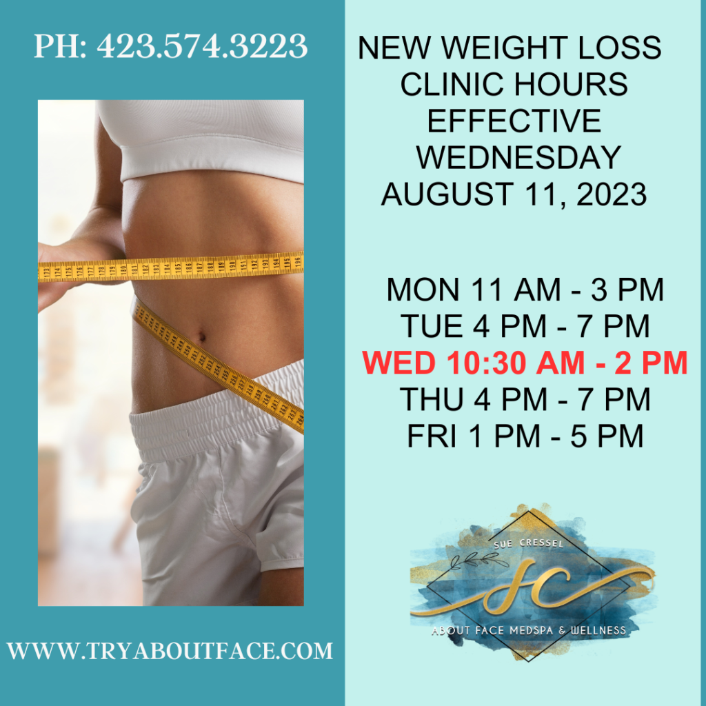 About Face Medspa & Wellness has weight loss clinic hours five days per week.