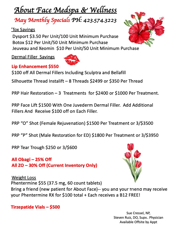 May 2025 About Face Specials One Page May 2025 Specials at About Face MedSpa & Wellness
